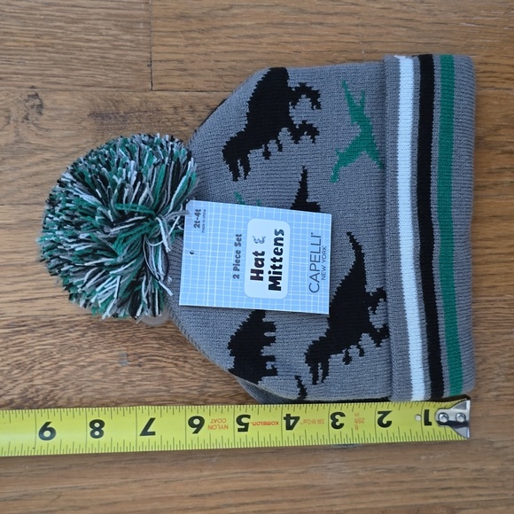 CAPELLI OF NEW YORK BRAND BOYS GRAY & BLACK DINOSAUR WINTER HAT & MITTENS 2T-4T - Picture 8 of 11